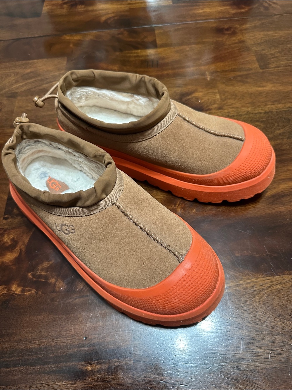 UGG Tan Suede Slip-On Clog with Orange Rubber Toe and Sole